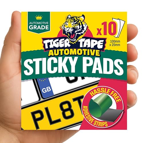 Tiger Tape® Number Plate Sticky Pads. Automotive Grade Heavy Duty, Extra Strong Double Sided Adhesive for Vehicle Number Plates, Licence Plates, Car Registration, Mounting Tape – 10 Strips & Wipe