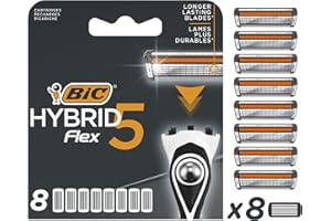 Bic Hybrid 5 Flex Men's Razor Refills with 5 Moveable Nano-Tech Titanium Blades - Box of 8 Cartridges, Black/White