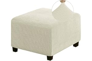 MULARE Stretch-Ottomanenbezug, Ottomanen-Schonbezüge, staubdichter Hockerbezug, elastischer, Abnehmbarer Hockerbezug, Dicker Karierter Jacquard-Stoff mit elastischer Unterseite, waschbar,Beige,L