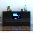 Panana Modern Hight Gloss Front Livingroom Cabinet with 3 Door, RBG LED Cupboard Sideboard Display Storage TV Unit Stand (Black)