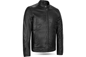 Leatherick Chaqueta de motociclista de piel de cordero para hombre - Chaqueta de motociclista negra, resistente y cálida, con cremallera