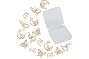 SUNNYCLUE 1 Scatola 16 Pezzi 4 Stili Ciondoli Strass Farfalla Stella Luna Cuore Ottone Placcato Oro Ciondoli Vuoti Zirconi Cubici per Collane Orecchini Artigianato Fai da Te Forniture per Creare