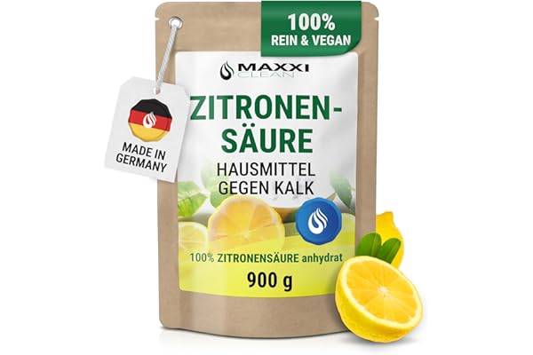 Maxxi Clean | 1x 900 g de poudre d'acide citrique de qualité alimentaire | Fabriqué en Allemagne | Produit domestique pour la cuisine, le ménage et la cosmétique | 100% pureté & refermable