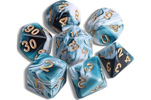 QMAY DND Dice - Juego de 7 cubos poliédricos para mazmorras y dragones MTG RPG D&D D20, D12, D10, D%, D8, D6, D4 (cian y blanco)