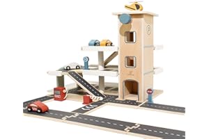 Little Log Garage en bois pour voiture avec accessoires, garage de jeu avec ascenseur, hélicoptère (70 x 50 x 36,5 cm)