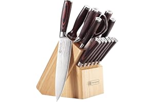 PAUDIN Set di coltelli a blocco, set di coltelli da cucina da 14 pezzi in acciaio inossidabile tedesco di alta qualità con blocco di legno, acciaino e forbici, coltelli da chef affilati portacoltelli
