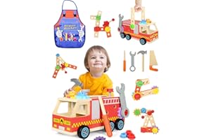 NEUFOOD Stół warsztatowy dla dzieci, pudełko na narzędzia z zabawką z drewna i fartuchem dla dzieci, pudełko na narzędzia dla dzieci, zabawka dla dzieci 2, 3, 4 lata