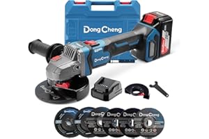DONG CHENG DongCheng Meuleuse d'angle sans fil 18V, Ø 125 mm, 1000W, Moteur Sans Balais, 3 Vitesses, Protection Anti-Redémarrage, Poignée Anti-Vibration, Inclut 6 Disques, Batterie 4.0Ah & Chargeur