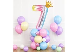 DAGELAR Crown Rainbow Number 7 Balloon for 7th Birthday Decoration, 40 Inch Gradient Number 7 Balloon with Pastel Maca Balloons, Colorful 7 Foil Helium Balloons for Girls Baby Shower 7 Years Party Anniversary