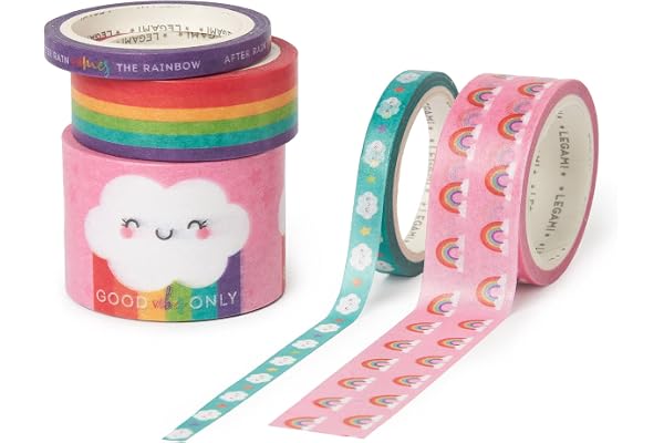 LEGAMI - Lot de 5 rubans adhésifs en papier, Tape by Tape, Rainbow, colorés, pour coller, décorer et personnaliser, 3 tailles différentes, longueur de 5 mètres chacune