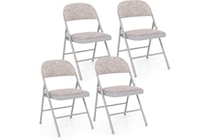 COSTWAY 1/2/4 Pack Padded Folding Chair, Easy Storage Conference Chair with Sponge Seat, Backrest & Foot Pads, Metal Frame Hall Guest Seating for Home Office (Beige, Linen Fabric, Mid Back, 4 Pcs)