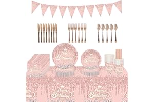 PIUMOJ Rosa Partygeschirr Set, Rosegold Geburtstag Party Geschirr, Diamant Rosa Pappteller Set, Pappbecher, Tischtuch, Rosa Partyzubehör Set für Mädchen Geburtstag, 10 Gäste