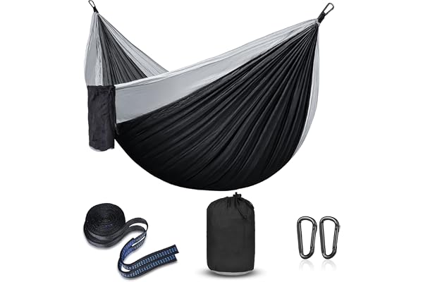 Hamac d'extérieur de Camping- Ultra-léger, léger Portable Nylon Respirant Durable Hamac avec Sangles d'arbre pour intérieur Balcon, Extérieur Camping, Randonnée Sac à Dos Hamacs (Noir/Gris)