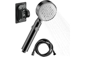 PIWOSGOL Alcachofa de Ducha de Alta Presión,Cabezal Ducha de 5 Modos con 1.5M Manguera,Ducha de Mano con Botón Interruptor Ahorro de Agua,Mango Ducha Baño,Alcachofa Ducha Negra con Soporte