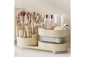 WDMIYA Makeup Organisers with 360 Rotating Storage Organiser, Skincare Organiser for Dressing Table, Cosmetic Storage Drawers, Perfumes Beauty Brush Storage Holder (Cream White-3 Tiers)