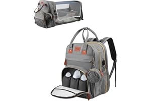 QCXWCJWD Large Capacity Baby Changing Backpack with with Foldable Cot Bed and Changing Pad & USB Port, Waterproof Baby Diaper Bag with Bottle Storage Insulation and Stroller Straps, for Travel Shopping Camping