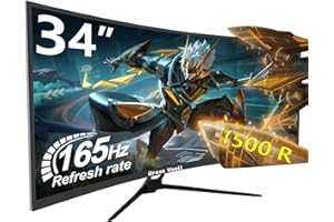 ‎GREAT VOELL Great voell 34 Zoll Gaming Monitor Curved, 165Hz, UWQHD 3440x1440, Ultrawide Monitor, 1500R, 1Ms, 99% sRGB, HDMI 2.0, DP 1.4, FreeSync, HDR, Anti-Blaulicht Augenschutz, VESA, Kann gekippt Warden