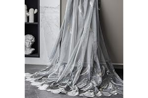 SAZDFY Stickerei Feder Voile Vorhang,Für Wohnzimmer Bay-Fenster Partition Tüll Vorhänge,Voile Luxus Gardine,Haken Oben-Graue Federn 150x270cm(59x106inch)