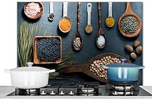KitchenYeah© Antisalpicaduras Cocina 90x60 cm Protector Salpicaduras Pared Chapa Aluminio Kitchen Panel Vitrocerámica Accesorios Salpicadero Decoración Hierbas - Cucharas - Especias - Cocina