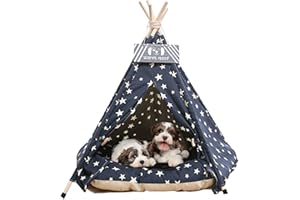 NUKDEY Pets Teepee Dogs Tent Teepee Tent 50x50x60cm Washable Cats Tents Dogs Cats Bed Play House with Removable Washable Cushion Easy Assemble (Navy Blue)