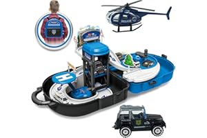 RedCrab Parkhaus für Kinder Polizeithema Mehrzweck Spielzeugautobahnpaket mit Flughafen Aufzug Spielzeugflugzeug und Jeep Polizeiauto Parkgarage für Kinder ab 3 4 5 6 7-12 Jahren(POL)