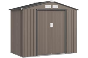 Outsunny 7 x 4ft Metal Garden Shed, Outdoor Storage Tool House with Ventilation Slots, Foundation Kit and Lockable Double Doors, Brown