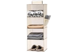 YOUDENOVA Hanging Wardrobe Organiser 4 Shelves Wardrobe Storage Hanging Shelves With Side Pockets Clothes Organiser Bedroom Storage Beige