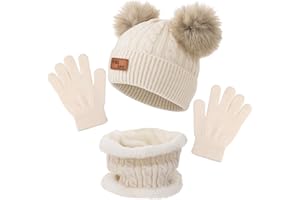 HALINUIA Ensemble bonnet,écharpe et gants d'hiver pour enfants,3 pièces,tricoté chaud,écharpe épaisse et moelleuse,chapeau à pompon,gants à deux doigts pour écran tactile,pour garçons et filles de 2 à 8
