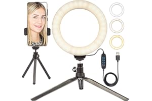 PYXEL LED Ring Light 6" Desktop Makeup Mini Tripod Stand Camera Holder Kit - for Beauty Selfie Video Portrait Product Photography Youtube Live Stream - 3 Colour Modes, USB Cable & Remote