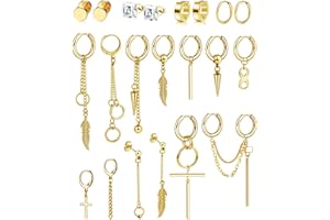 BVLAGIDA 21 Piezas Pendientes Hombre Acero Inoxidable Pendiente Kpop Pendientes Punk Pendientes Colgantes Cruz Plumas Aros Pendientes Negro Plata Dorado