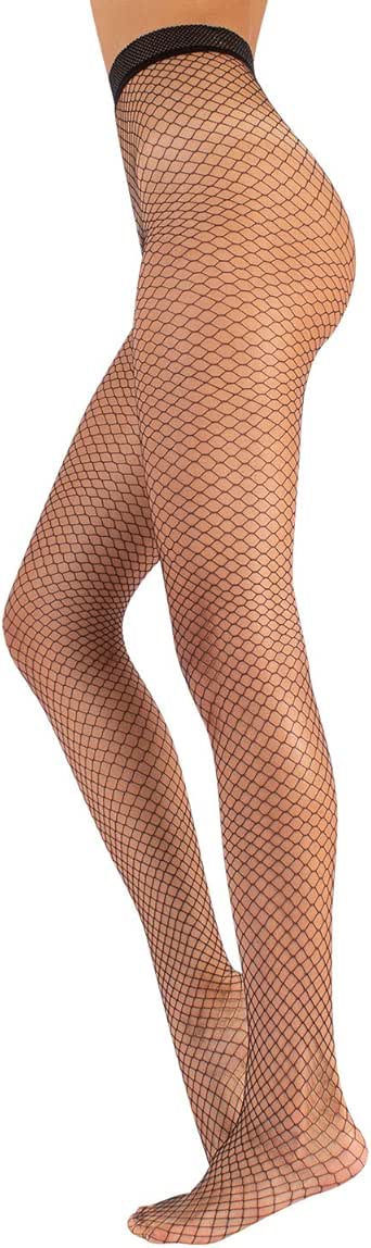 Calzitaly Nahtlose Netzstrumpfhose Damen Mit Gemustertem Bund Schwarz S M L Xl Made In