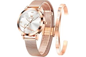 OLEVS Damenuhr Roségold mit Herz Diamant Schwarz Weiße Gesicht Quarz Armbanduhr Wasserdicht Gürtel Armreif Set