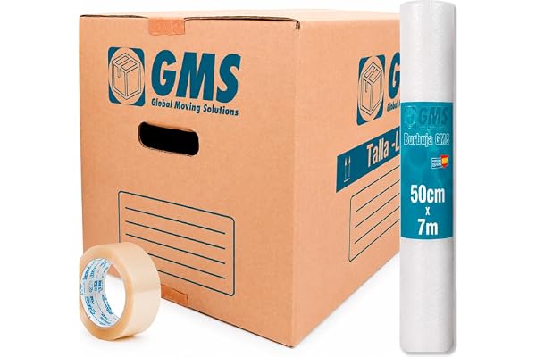 GMS -20 Cajas Cartón Mudanza 50x30x30cm Talla L de 45 Litros + Burbuja+Precinto. Para Mudanzas y Almacenaje con Asas. Cartón Alta Resistencia (20Cajas 50x30x30+Burbuja+Precinto)