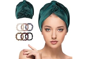 Fingertoys Seidenhaube Schlafmütze Silk Bonnet und 6 Stück Seide Haargummi Haare Ringe, Superweiche Haarpflege Nachtmütze Satin Bonnet Haarhaube mit Gummiband, Geeignet zum Waschen Make-Up(Grün)