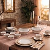 Sovrana By La Opala Opalware Dinner Set 62Pcs, Family of 8, Moroccan Gold | Microwave & Dishwasher Safe Crockery Set for Home