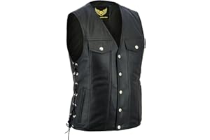 Leatherick Gilet da motociclista unisex, in vera pelle, con lacci laterali e bottoni cromati, stile denim