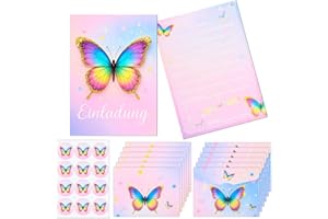 Unvtap 12Set Schmetterling Einladungskarten Kindergeburtstag Mädchen, Schmetterling Einladungskarten Geburtstag, Geburtstagseinladungen Kinder mit Umschlag und Aufkleber, Partyeinladungen