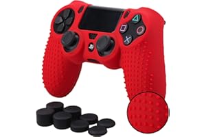 Pandaren® STUDDED silicone cover skin anti-slip for PS4/ SLIM/ PRO controller x 1(red) + FPS PRO thumb grips x 8