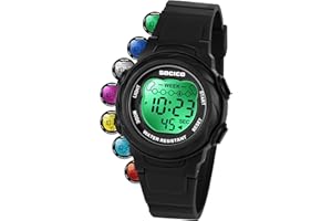 SOCICO Kids Digital Watches for Girls Boys, Waterproof 5ATM, 7 Color Lights Waterproof Watches for Kids with Alarm Stopwatch, Soft Band Wrist Watch for Girls and Boys Ages 5-12.