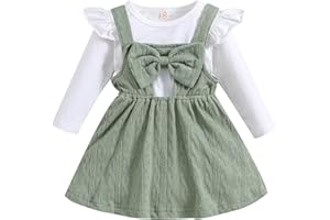Qiraoxy Baby Girl Clothes Set Ruffle Long Sleeve T-Shirt Top + Knitted Bowknot Strap Overall Dress Toddler Kids Girl Spring Fall 2Pcs Clothing Outfit
