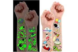 Leesgel Tatuaggi Spazio per Bambini, 10 Fogli Luminoso Tatuaggi Temporanei Stickers Bambini, Accessorio per Pignatta Regalini Fine Festa Gadget Compleanno Giocattolo Giochi Bambini