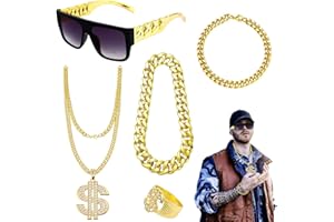 FUNMO Set Accessori Rapper 5 Pezzi Collana Rapper Uomo Costume Hip Hop Collana Dollari, Occhiali da Sole, Anello Dorato, Accessori Rapper Anni '80/'90 Feste di Carnevale Per Uomo e Donna