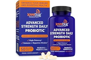 LoveBug Probiotics Advanced Strength Daily Digestive Health Probiotic for Men & Women, 50 Billion CFU & 10 Strains, Includes Prebiotic Fiber, 30 Delayed Release Capsules, Vegan & Non-GMO