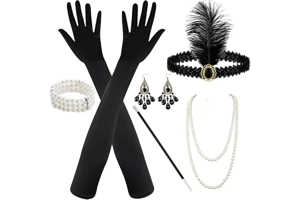 Giugio 6-delat 20-tals tillbehör, 1920-tals tillbehör damer, Great Gatsby damrekvisita med pannband, handskar, pärlhalsband och örhängen
