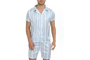 Atxnn Mens Pyjamas Set Satin Pyjama Summer Stripe Nightwear Button Down Pjs 2 Pieces Short Sleeve Top and Bottoms Loungewear