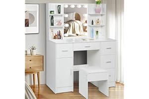 Dradaomull Tavolo da toeletta con illuminazione a LED, tavolo da toeletta con specchio per trucco, 3 colori con luminosità regolabile, 5 cassetti, tavolo cosmetico con ripiani regolabili, manico