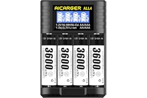 AICARGER Akumulatory litowe AA 1,5 V 3600 mWh, opakowanie 4 akumulatorów AA z ładowarką LCD, 1200 cykli o dużej pojemności