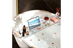 ‎FEIGO Verstellbares Badewannenbrett mit Wasserablauf,Badewannenablage Transparent aus Kunststoff,Badewannentablett für Ipad und Bücher mit Getränkehalter,Skalierbar,Hält Weinglas Aromatherapie,56.5-80 cm