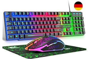 ZIYOU LANG QWERTZ Deutsches DE Layout Kabelgebundene Gaming Tastatur und Maus Set 104 Tasten LED Regenbogen Farben Beleuchtete 2400 DPI 6-Tasten-Maus Tastatur und Maus kompatibel mit PC PS5 PS4 Xbox-Schwarze