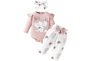 GENERISCH 2026 - Enfant Fille Manches Longues Côtelé Cartoon Imprimés Barboteuse Body Pantalons Bandeaux Tenues Ensemble de Vêtements Fille 92